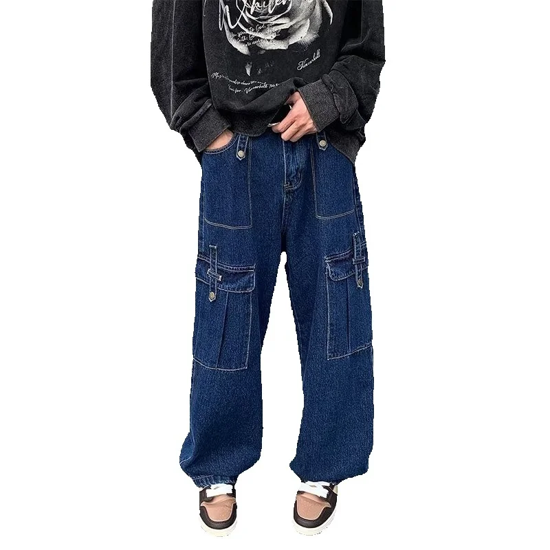 Blue Baggy Cargo Jeans Men Fashion Oversized Pocket Jeans Mens Japanese Streetwear Hip-hop Loose Straight Denim Trousers Men