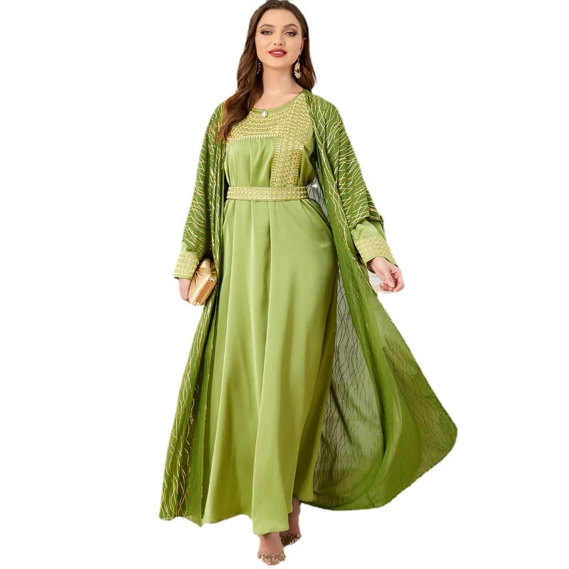 2023 Summer Autumn Muslim Women Long Sleeve O-neck Polyester Red Black Green 2 Pieces Set Dress Coat Matching Sets  Muslim Sets