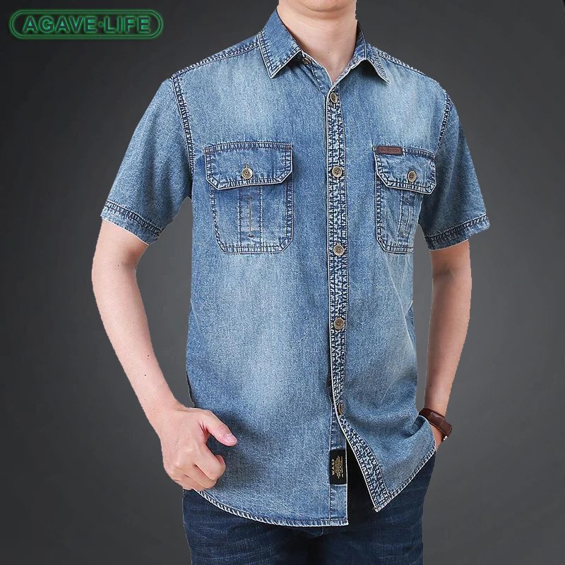 

Летняя джинсовая рубашка для мужчин, тонкая хлопковая облегающая эластичная джинсовая рубашка с короткими рукавами, Мужская джинсовая рубашка высокого качества со множеством карманов, цвет голубой