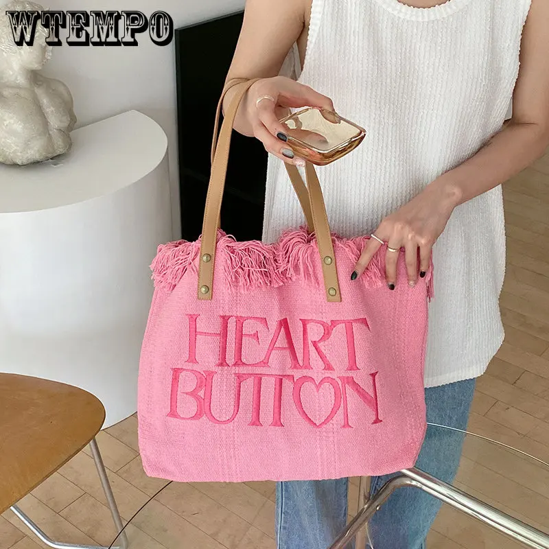 Letter Embroidered Shoulder Underarm Messenger Bag Tassel Canvas Bags Large Capacity Women's Beach Handbag Travel Shopping Tote