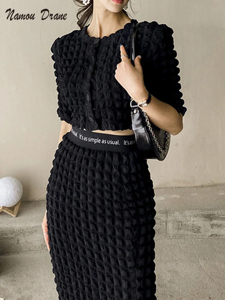 

Summer Ladies 2 Pieces Skirt Set Short Sleeve Single-breasted Tops & High Waist Package Hip Midi Skirts 2022 Women Set