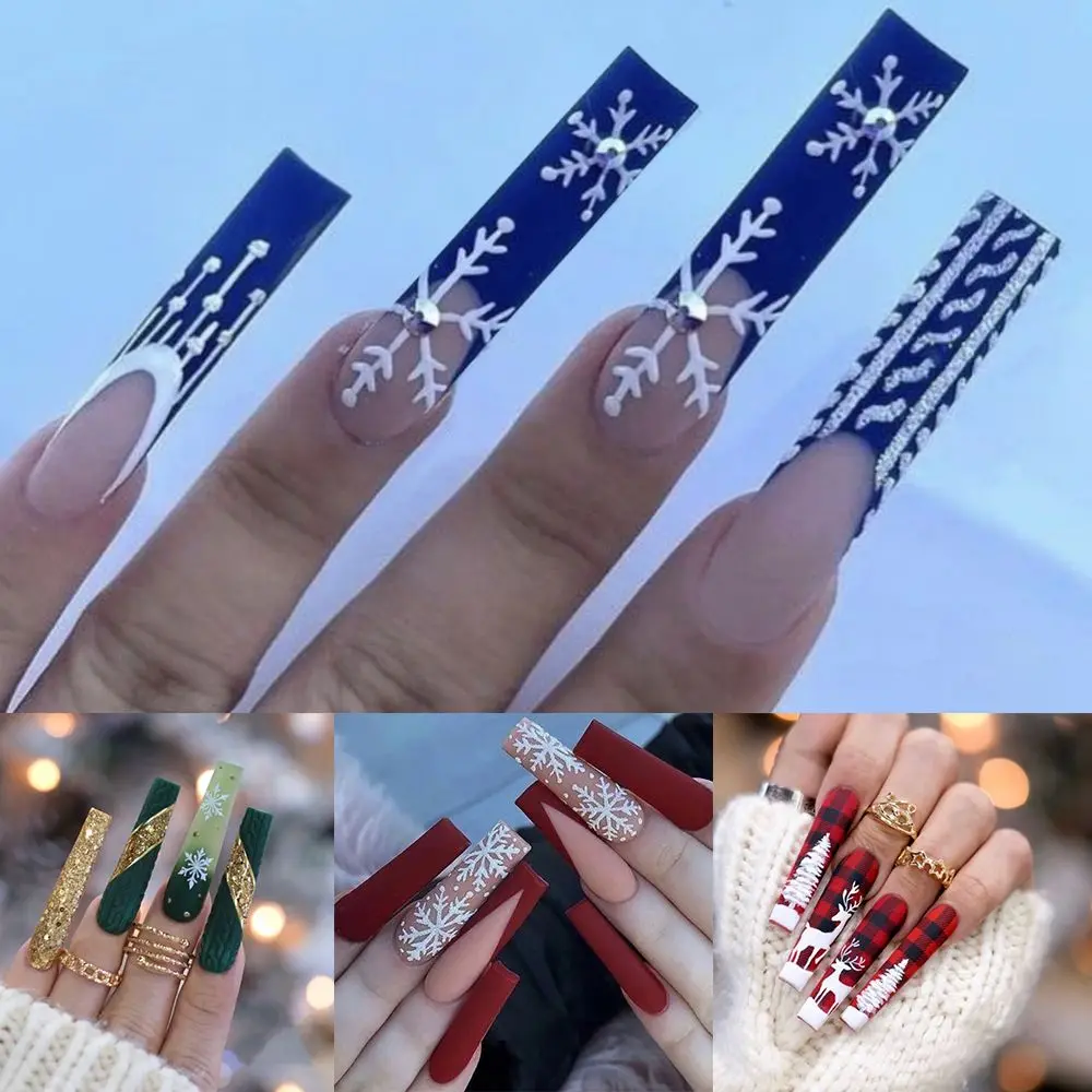

24pcs Nail Tips Press on Nails French Glitter Snowflake Christmas Ballerina Fake Nails Long Coffin