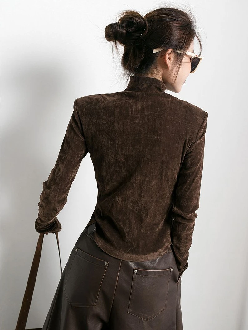 Женская флисовая футболка в ретро-стиле однотонная Приталенная с длинным