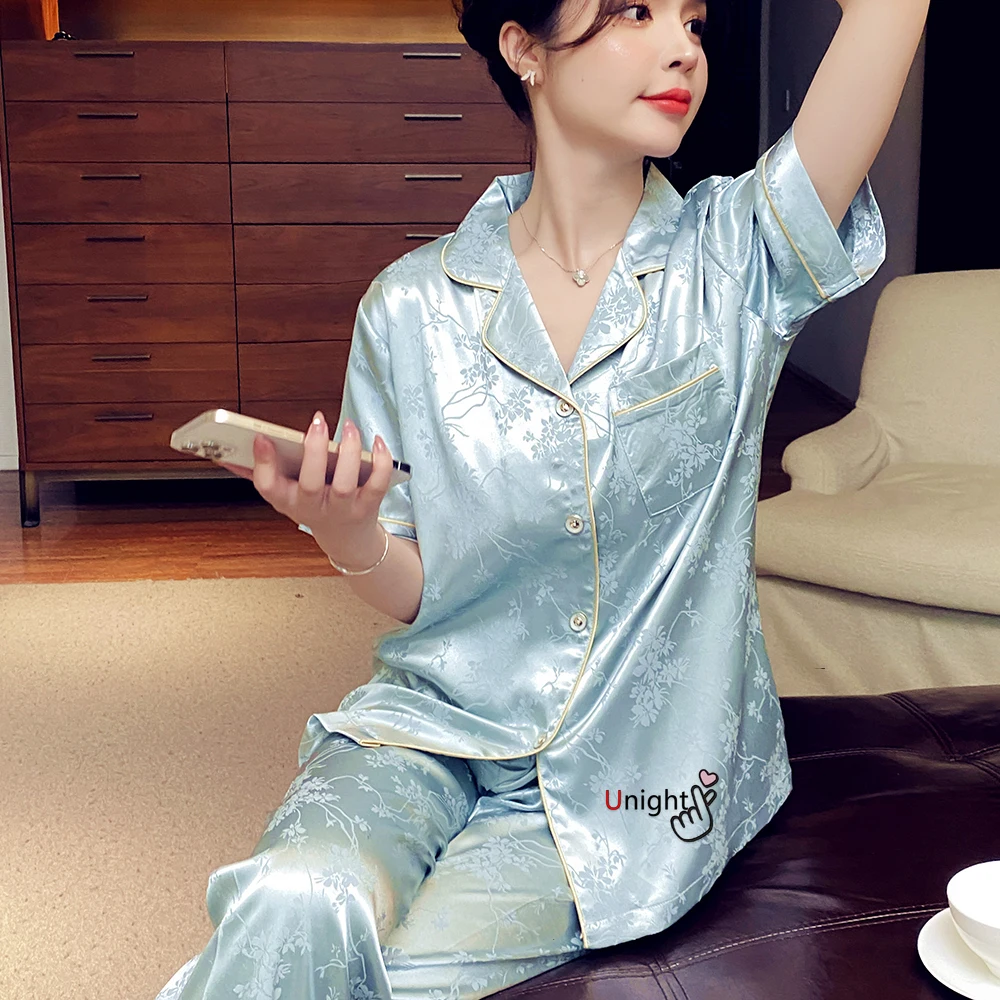 Большие размеры женские брюки с коротким рукавом пижамы шелковые атласные