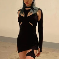 goth cyber gothic grunge women mini dresses dark punk y2k bodycon long sleeve summer dress black sexy hollow out clubwear