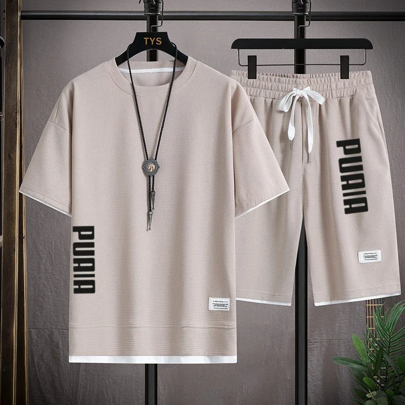 New Men's T-shirt + Shorts Set Summer Breathable Casual T shirt Running Set Fashion Harajuku Printed Male SporBasketball suit