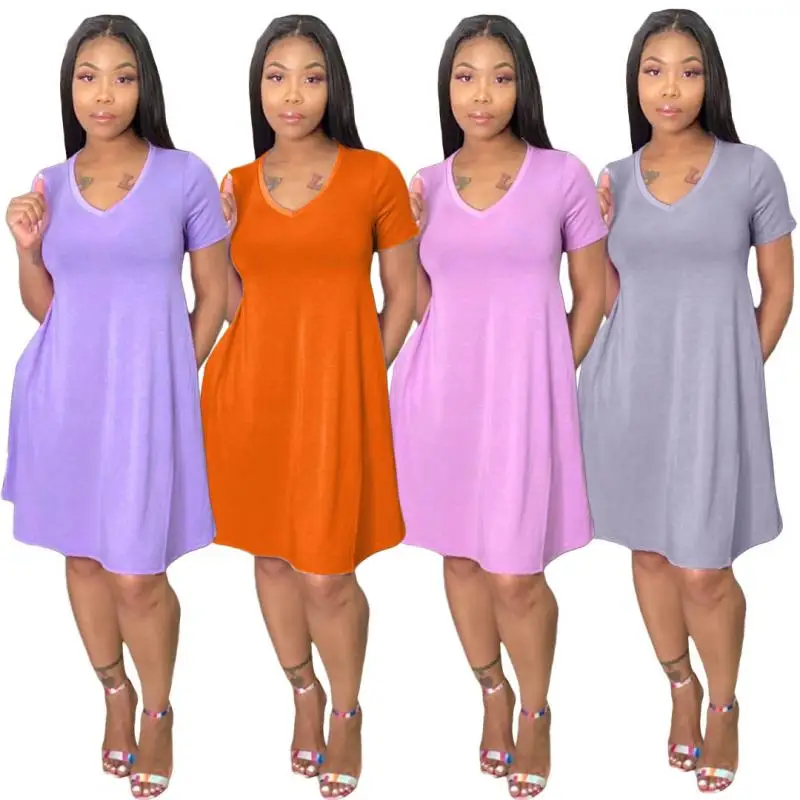 

Женское однотонное платье-футболка с круглым вырезом и коротким рукавом