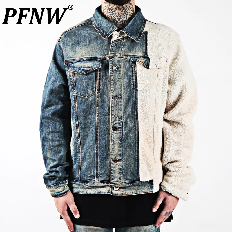 

PFNW Spring Autumn Men's Fashion Oversize Lamb Wool Patchwork Denim Coat Hip Hop Casual Baggy Button Handsome Jackets 12A7939