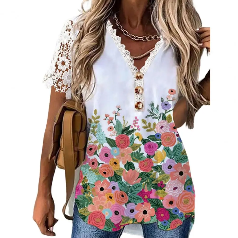 

V-neck Crochet Lace Stitching Short Sleeve Buttons Decor Arc Hem Women T-shirt Summer Floral Print Casual Tee Tops