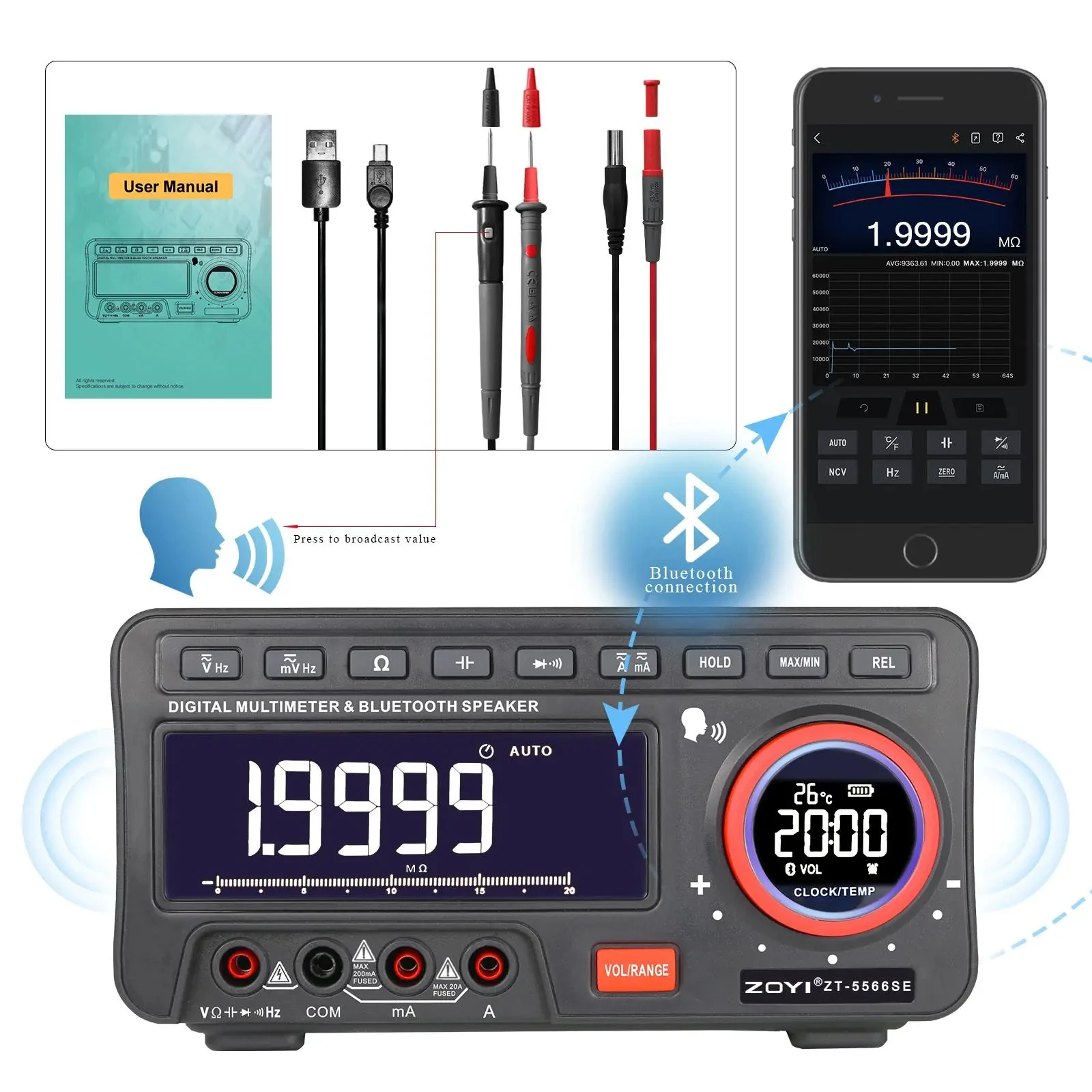 

ZT-5566SE Voice Desktop Digital Multimeter, 19999 Count, Auto Range, Dual LCD Display, AC/DC Meter, True RMS, with e-Bull APP