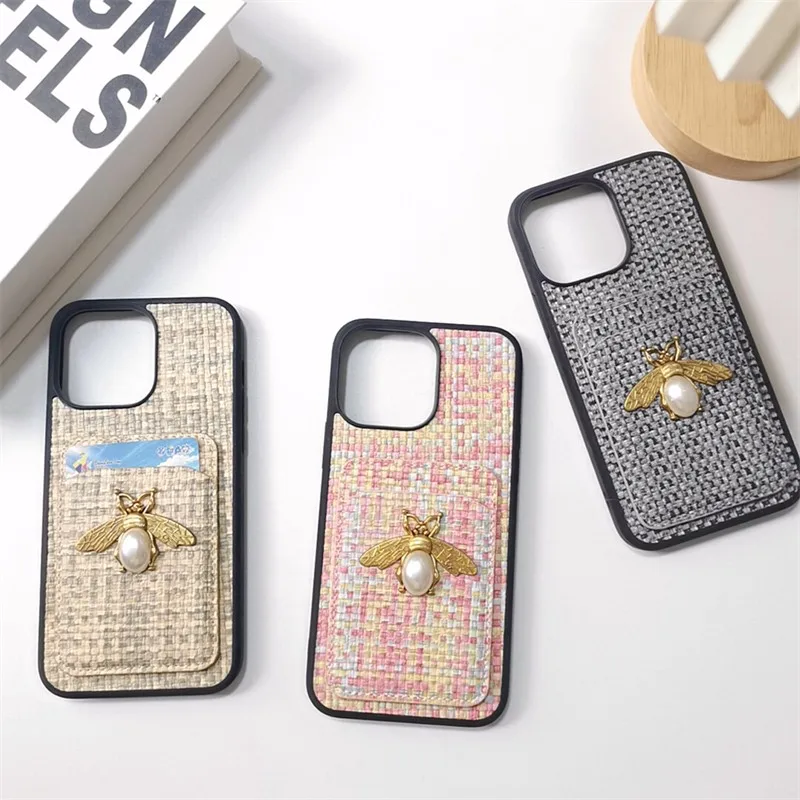 

Braid Clip 3d Metal Pearl Bee Female Phone Cover Case For Iphone 14 13 12 X 11 Pro Xs Max Xr 8 7 Plus Se Pu Leather Coque Fundas