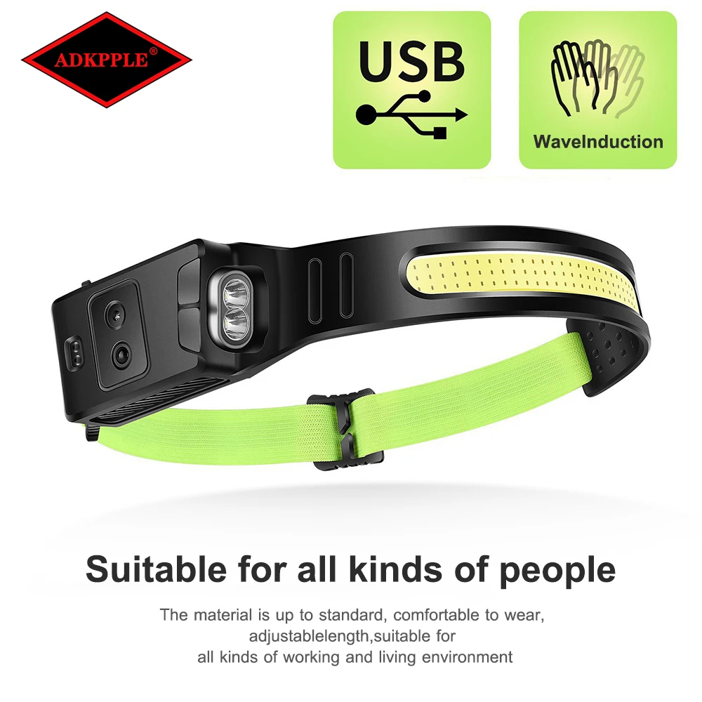 Induction Headlamp COB LED Head Lamp USB Rechargeable Head Torch with Built-in Battery Flashlight 3 Lighting Modes Head Light