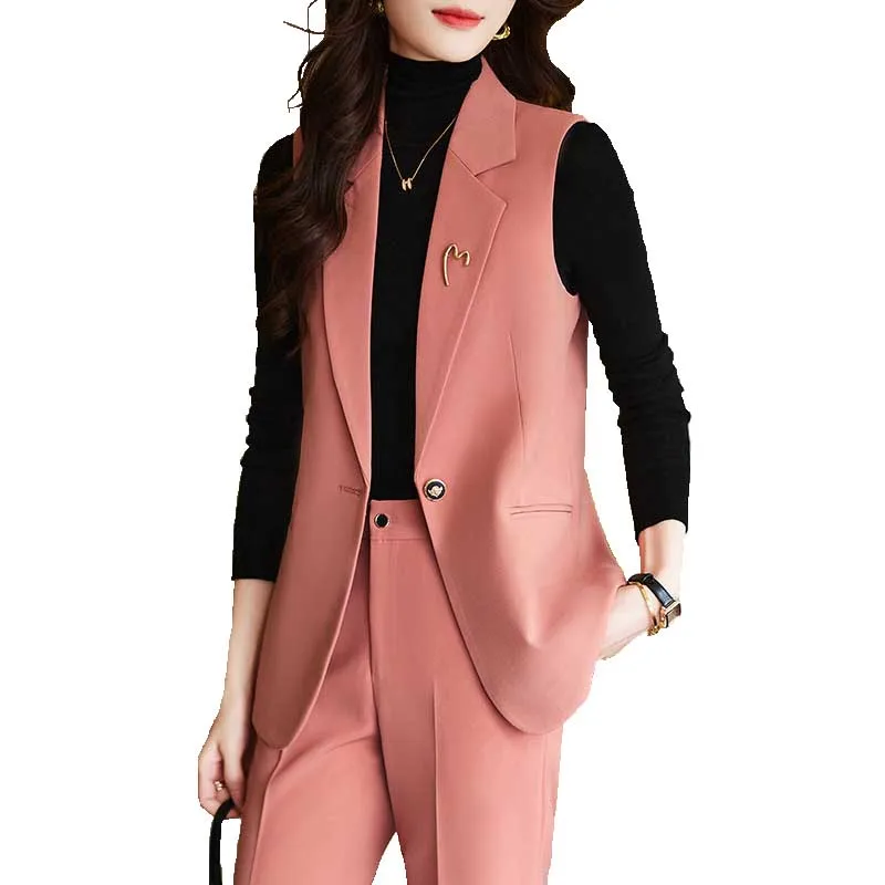 

Pink Black Khaki Vest and Pant Suit Women Slim Sleeveless Blazer Trouser Two Pieces Set for Office Ladies Work Wear