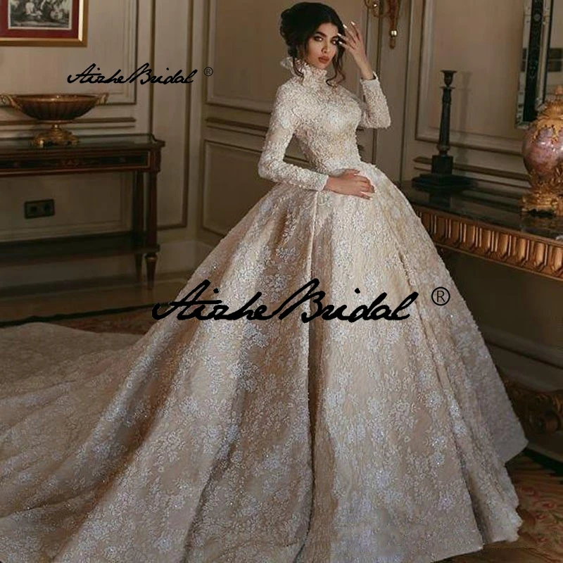 

Vintage High Neck Lace Appliques Wedding Dress Dubai Arabic Vestidos De Novia Bridal Dress for Bride