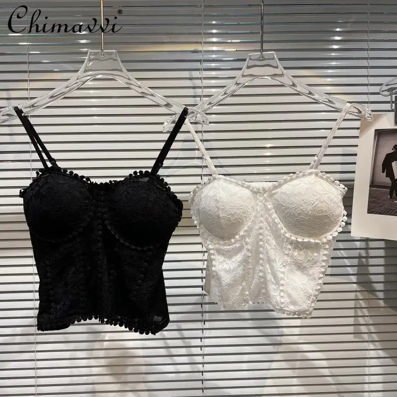 

2022 Spring New Fashion Lace Crocheted Sexy Sling Women's Solid Color Chest Pad Short Strapless Camisole for Female