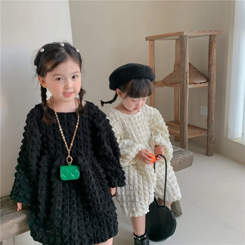 

Children Clothing 2022 Spring Autumn Girls Dress Long Sleeve Korean Style Children Dress Girls Baby Bubble Plaid Princess Dress