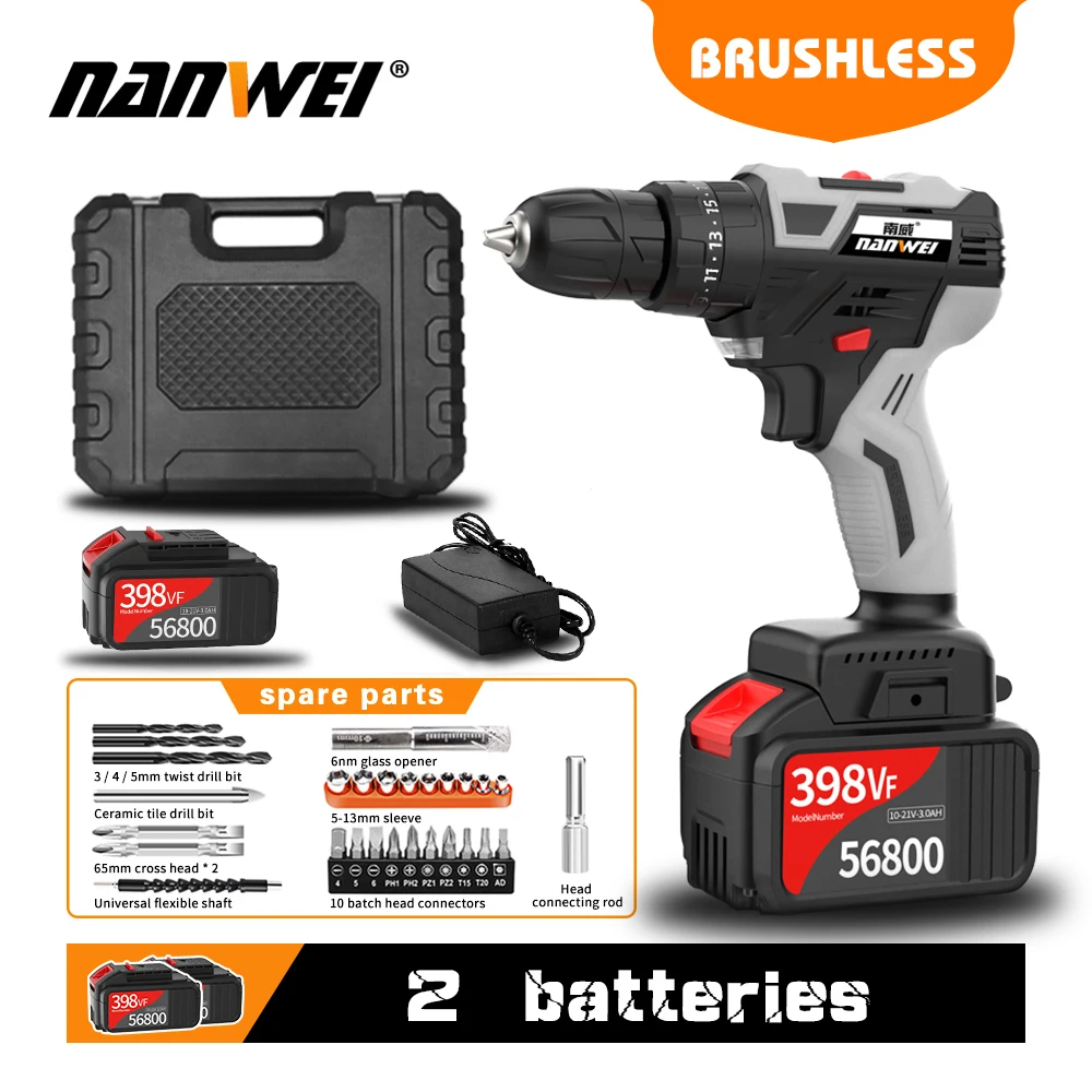 

NANWEI 2020 Impact Cordless Drill Brushless Cordless Drill Impact Electric Drill Power Tools Hammer Drill