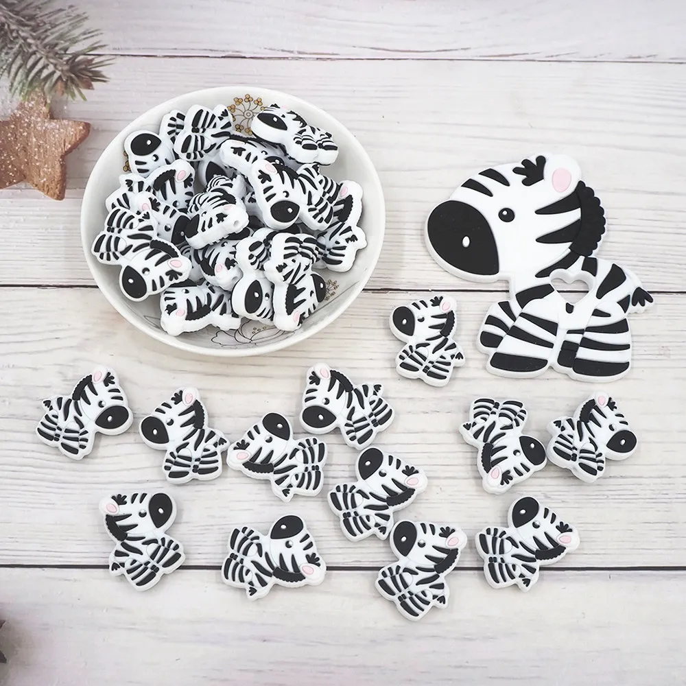 

Chenkai 10pcs Silicone Zebra Teethers Animal Shape Teething DIY Baby Chewing Pendant Nursing Sensory Pacifier Dummy Necklace Toy