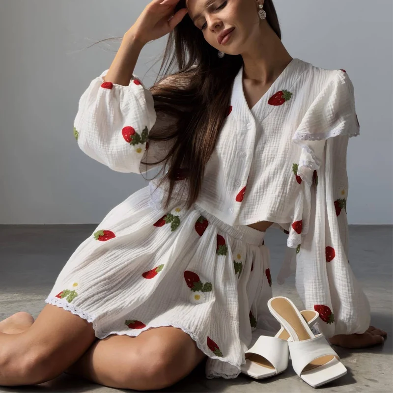 

Casual Kawaii Soft Comfort Pajamas Set Women Loose Outfits Fashionable Cotton Linen Ruffled Strawberry Print Skirt Homewear Suit