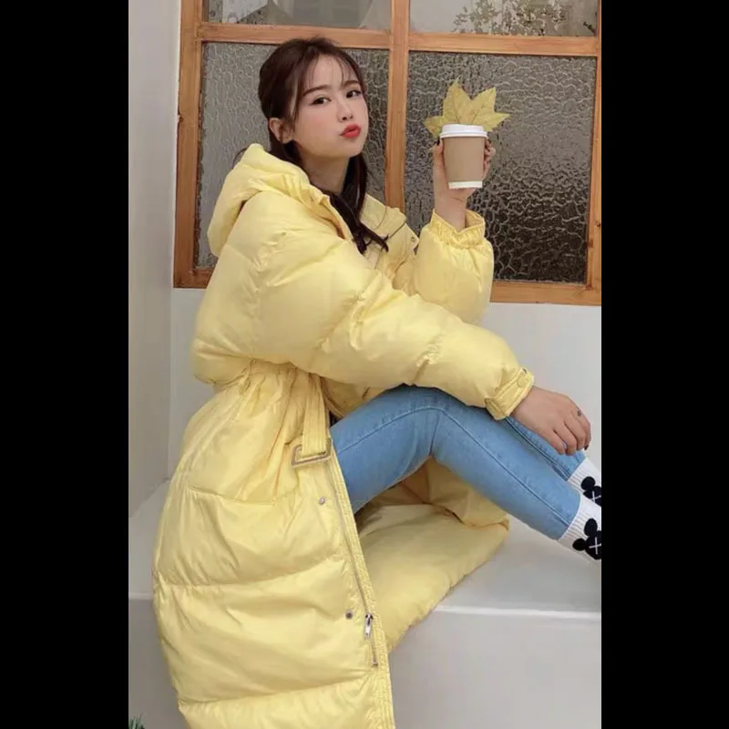 Women 2021 New Casual Waist Waist Hooded Bread Jacket Women Streetwear Korean Simple Belt Long Knee-length Straight Down Jacket
