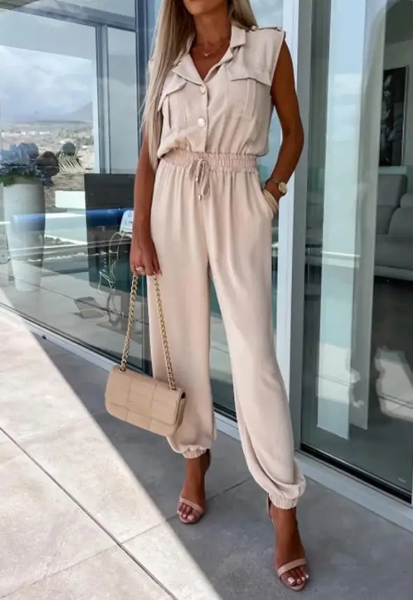 

Women Jumpsuit 2023 Summer Fashion Notched Collar Sleeveless Casual Pocket Design Plain Drawstring Shirred Daily Cuffed Jumpsuit