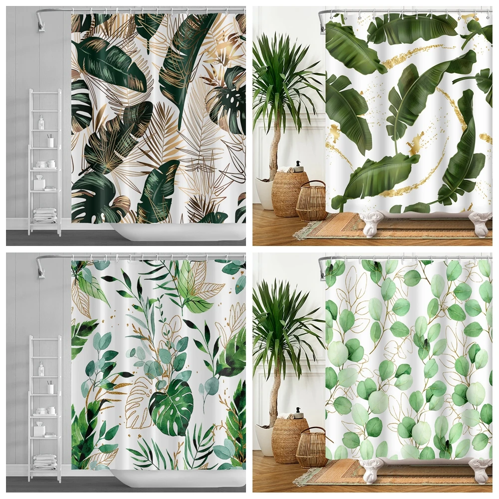 

Занавеска для душа с тропическими зелеными листьями джунглей, водонепроницаемая штора из полиэстера для ванной комнаты, украшение для дома с крючками