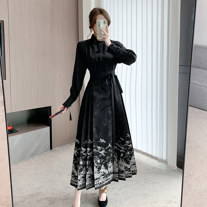 

Hanfu Horse Face Skirt Women Chinese Traditional Vintage Hanfu Pleats Skirt Black Chinese Improved Shirt+Skirt Sets