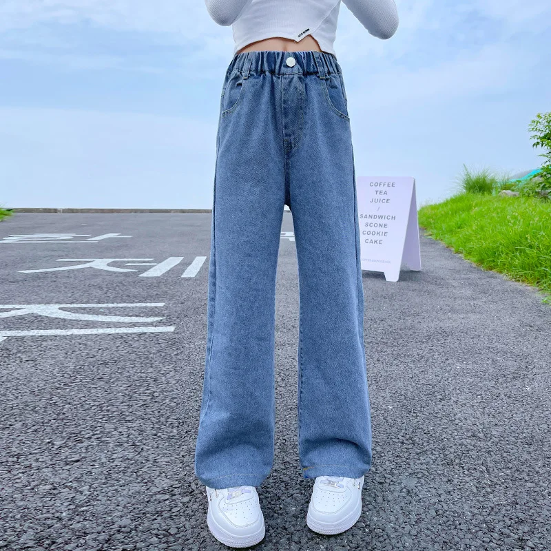 

Girls Jeans Spring Casual Loose Wide-leg Pants Blue All-match School Teenagers Kids Clothes 13 14 Years Children Denim Trousers