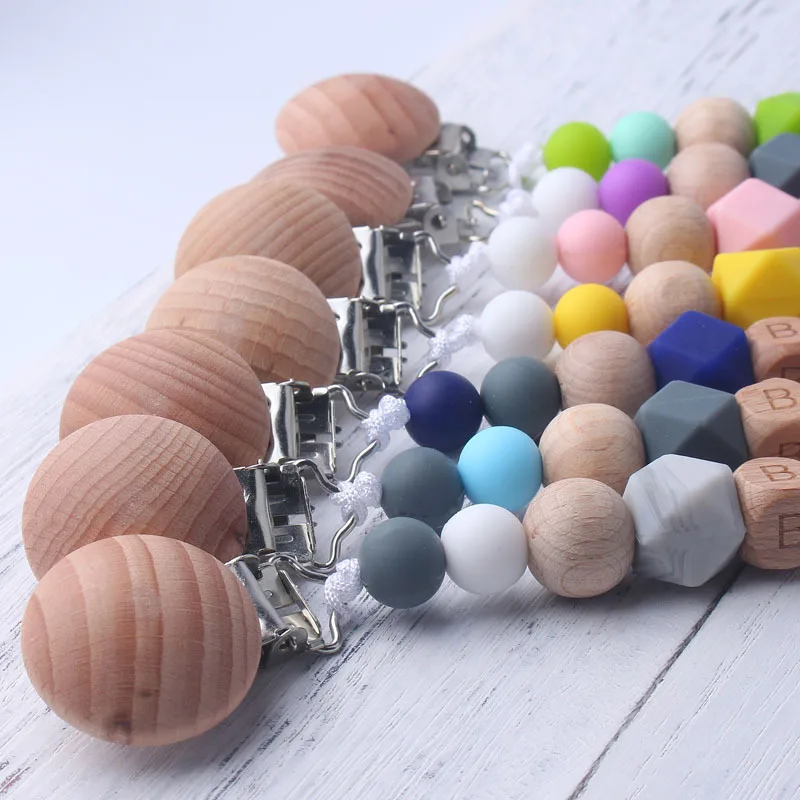

Baby Pacifier Clips Safe Soothing Beech Silicone Wood Nipple Chain Teething Baby Teether Eco-friendly Dummy Clips Holder