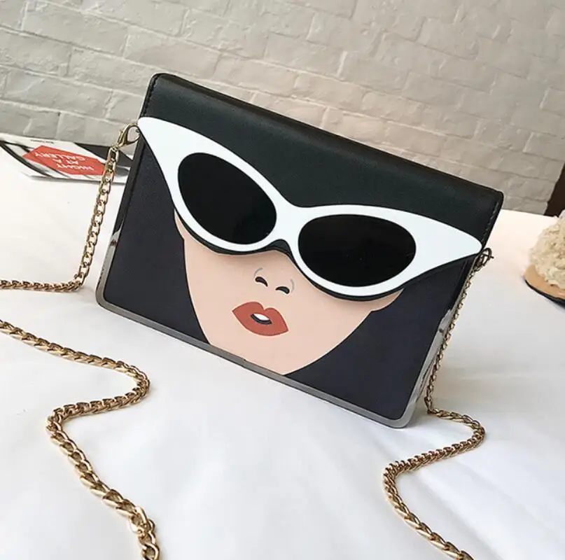 Single shoulder slung small square bag PU fashion contrast color 3D three-dimensional beauty glasses pattern chain shoulder bag