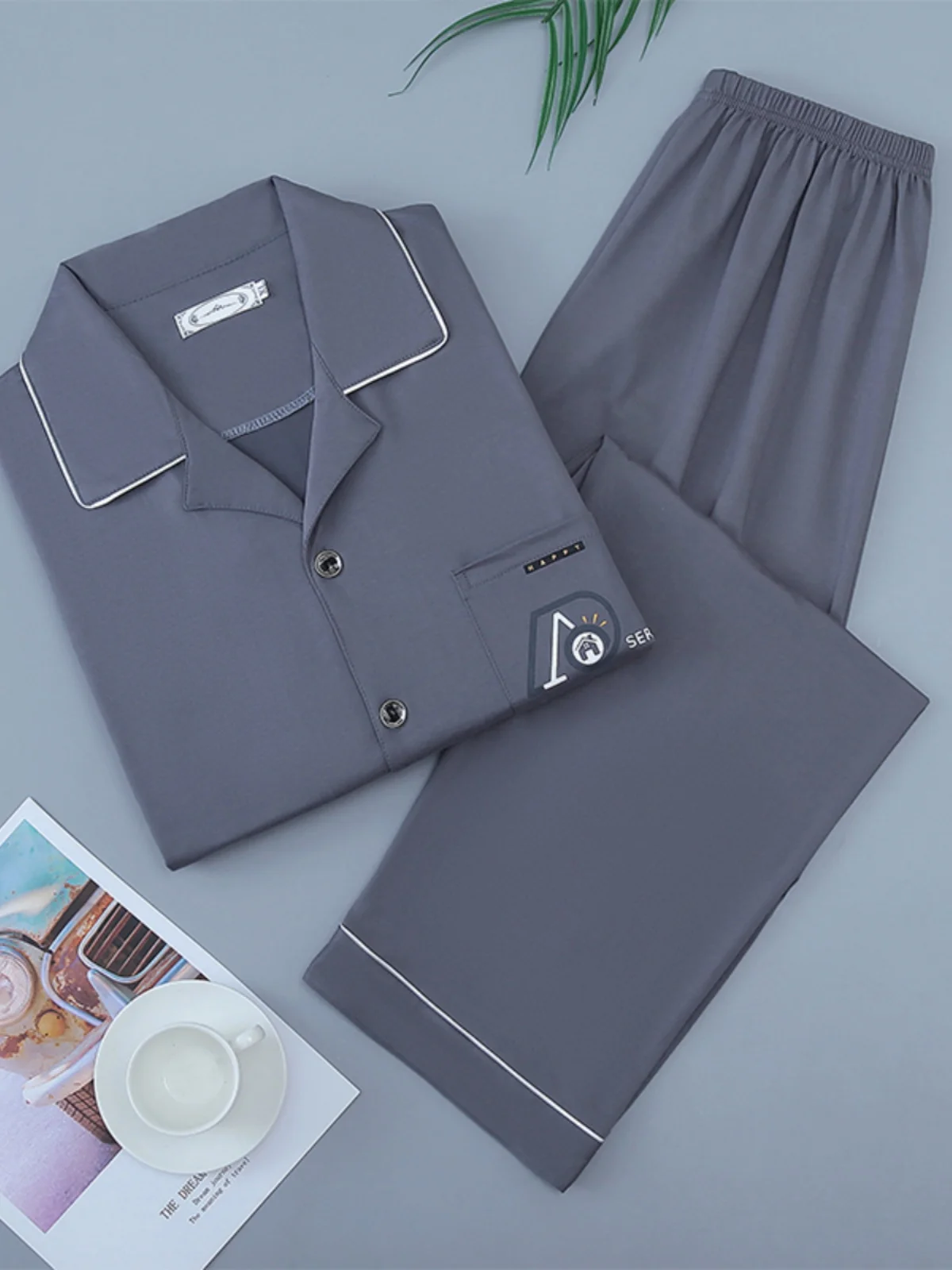 Men's Pajamas Spring and Autumn Long sleeve Cotton Youth Thin Loose Boys Plus size Casual Home Wear Set