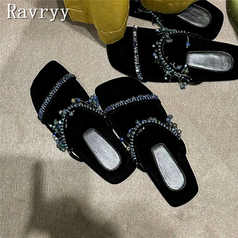 Дизайнерские женские шлепанцы с бахромой летние новые пляжные квадратным носком