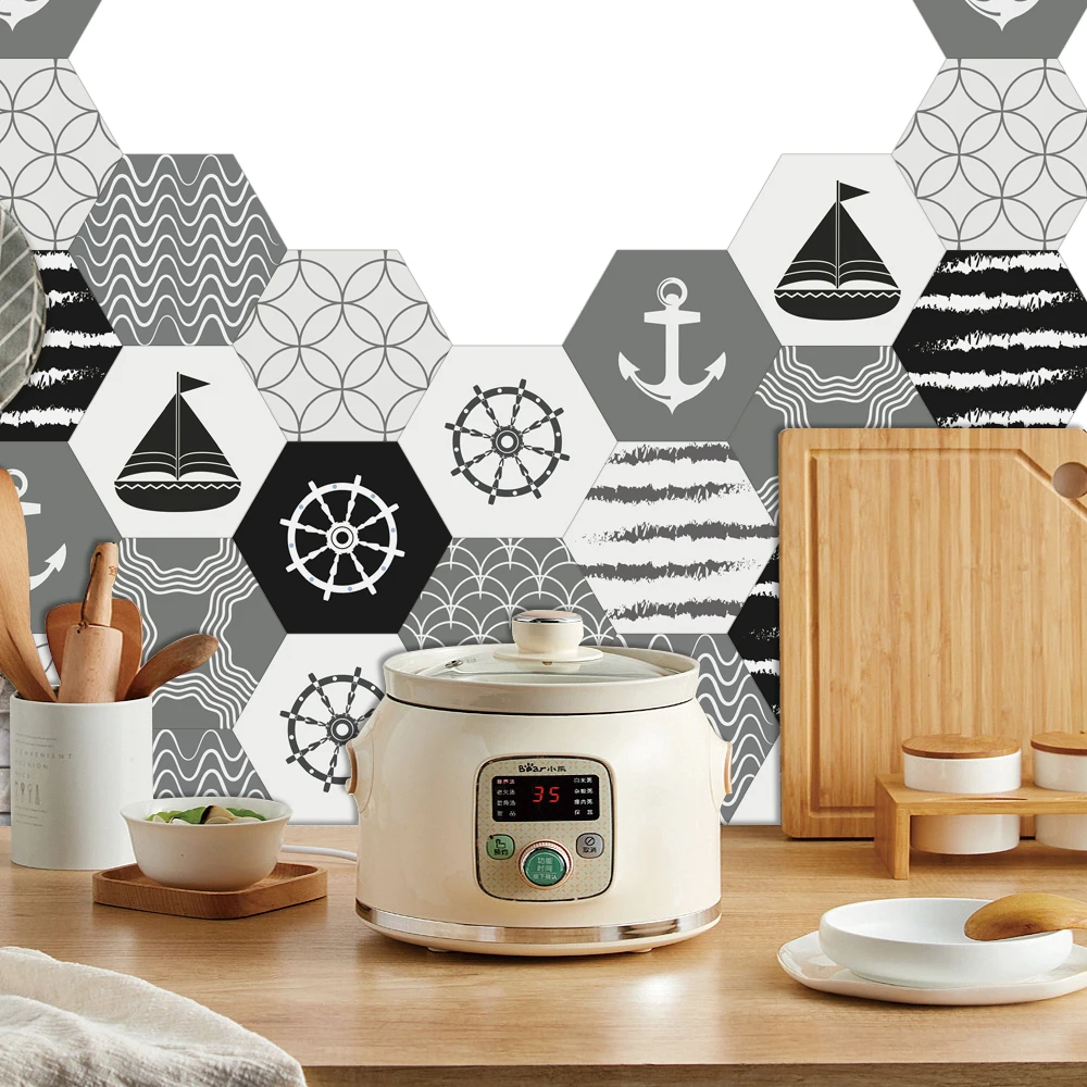 

10pcs Gray Hexagon Tiles Floor Wall Stickers Kitchen Bathroom TV Sofa Wall Peel & Stick Twill Surface Waterproof Art Wall Decals