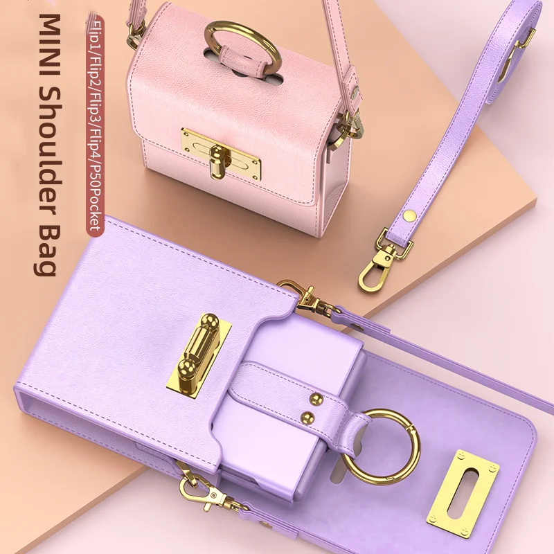 Crossbody Bag Phone Case For Samsung Galaxy Z Flip2 Flip3 Flip 4 Shoulder Necklace Flat Open Leather Clutch Shockproof Funda New