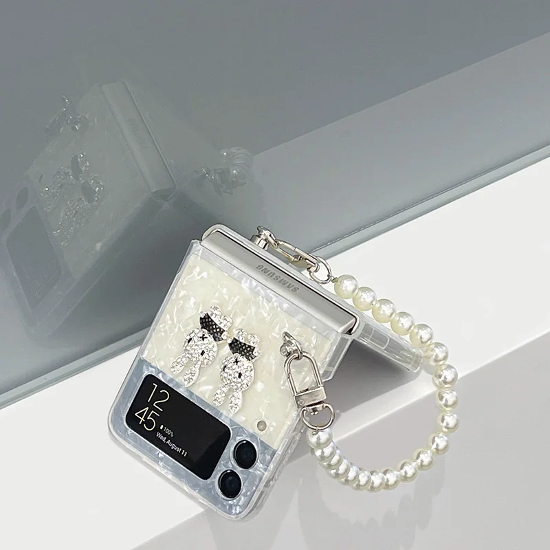 ZFlip 3 Funda Case for Samsung Galaxy Z Flip 3 Bunny Decorate Pearl Bracelet Full Shock Proof Protection Mobile Phone Case Cover