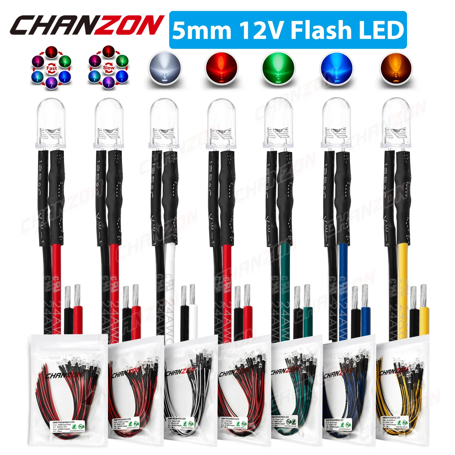 

20pcs 5mm Prewired LED Light Emitting Diode DC 12V Blinking White Red Green Blue Yellow RGB Flashing Pre Wired Cable Lamp Bulb