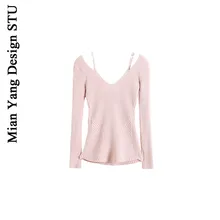 Cotton Ocean Niche Pure Desire Shoulder Strap Sweater Women's Retro Slim Stretch off-Shoulder Small Shirt Hollow out Beauty Back