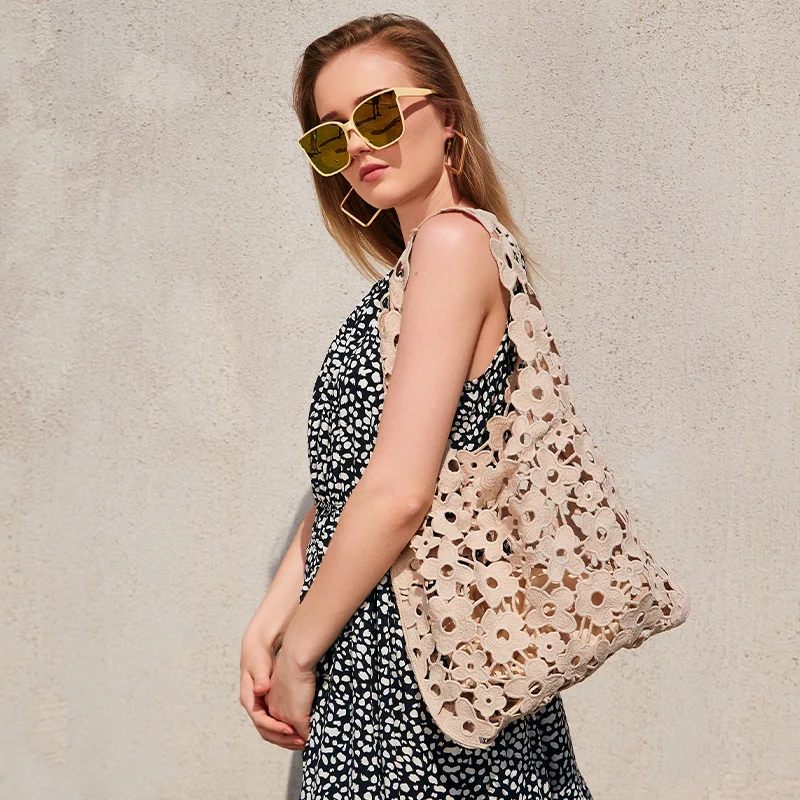 2023 Summer New Hollow Cotton Linen Women's Bag High Quality Flower Woven Handbag Simple One Shoulder Underarm Bags Sac A Main