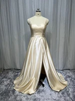 2022 real photos plus size spaghetti straps champagne evening gowns ruched satin long prom dresses floor length robe de soiree