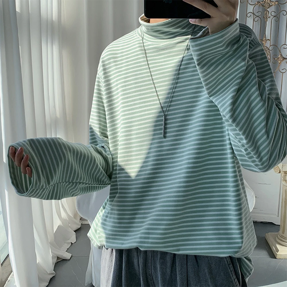 

Mens Turtleneck Striped Bottoming Shirt Long Sleeves Casual T-Shirts Tops Slim Fitness Men Clothes Tees All-match Simple Leisure