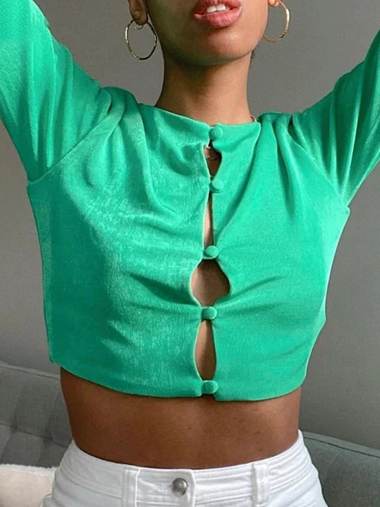 

Tossy Single-Breasted Summer New Women's Crop Top Shirt Sexy Long Sleeve Buttons Tops Vintage Streetwear Designer Green Cardigan
