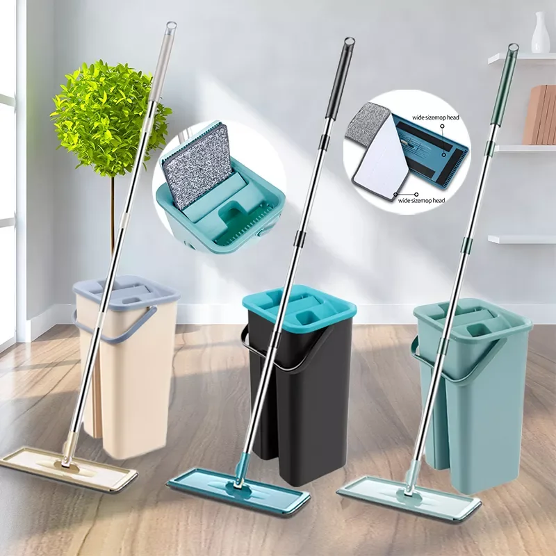 

NEW2023 Flat Mop With Bucket Squeeze Hand Free Washing Floor 360 Rotating Cleaning Mop Microfiber Pads Wet Dry Usage Home Kitche