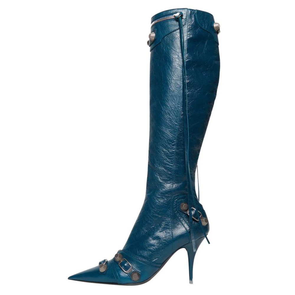 2022 New Women Thigh Full Zip Up Boots Pu Leather High Heel Fashion Buckle Slim Tassel Black Long Knee Boots Pointed Toe Shoes