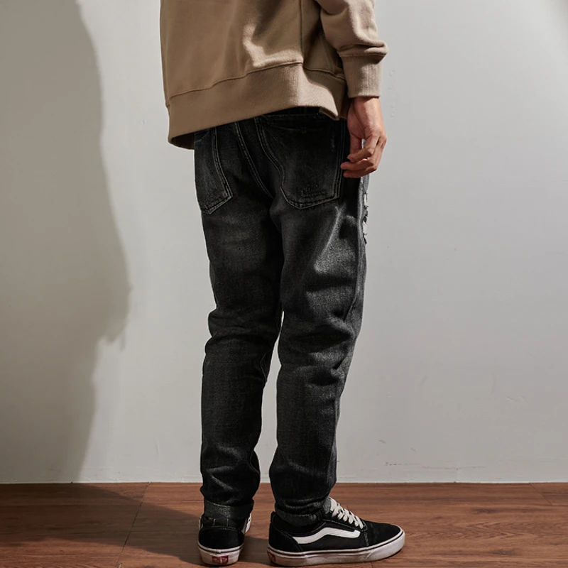 Patch cloth small straight leg jeans for men washed and aged black and grey jeans