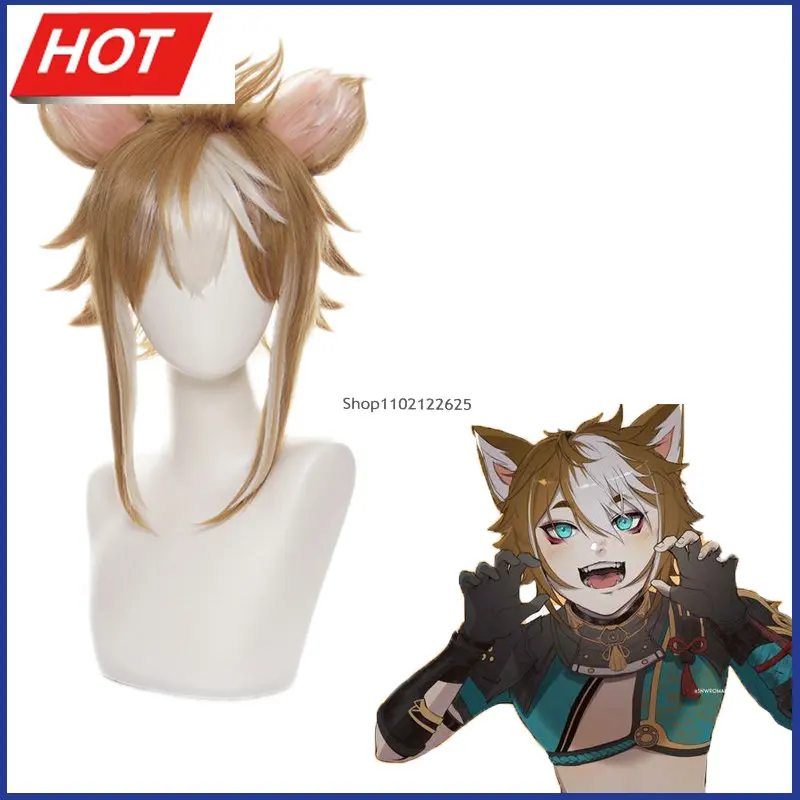 

Парик Genshin Impact Goro Cos Rebel Army Lnazuma Hair на верхней части головы Gorou с ушами чудовища, короткие волосы с реверсивным искажением