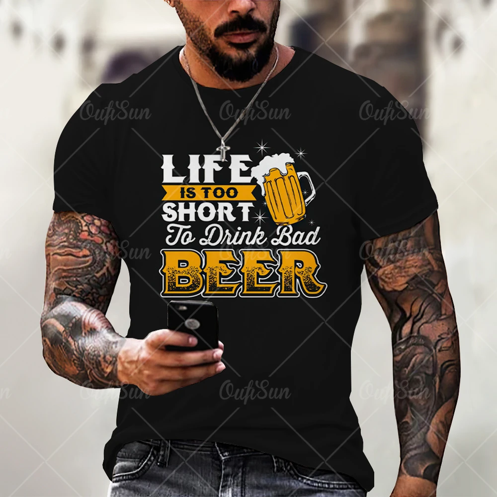 

3d Beer Print Fashion T-shirt Summer New Short Sleeve Men's Black Round Neck Hip Hop Casual Top Neutral Street Cool Loose Tshirt