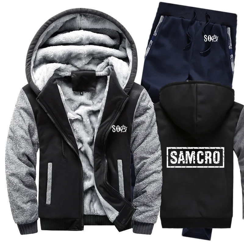 

2022 SOA Sons of Anarchy Hoodies Mens Suit Winter fleece Thicken Warm zipper Sweatshirt SAMCRO Mens Hoodies Jacket +Pants Sets
