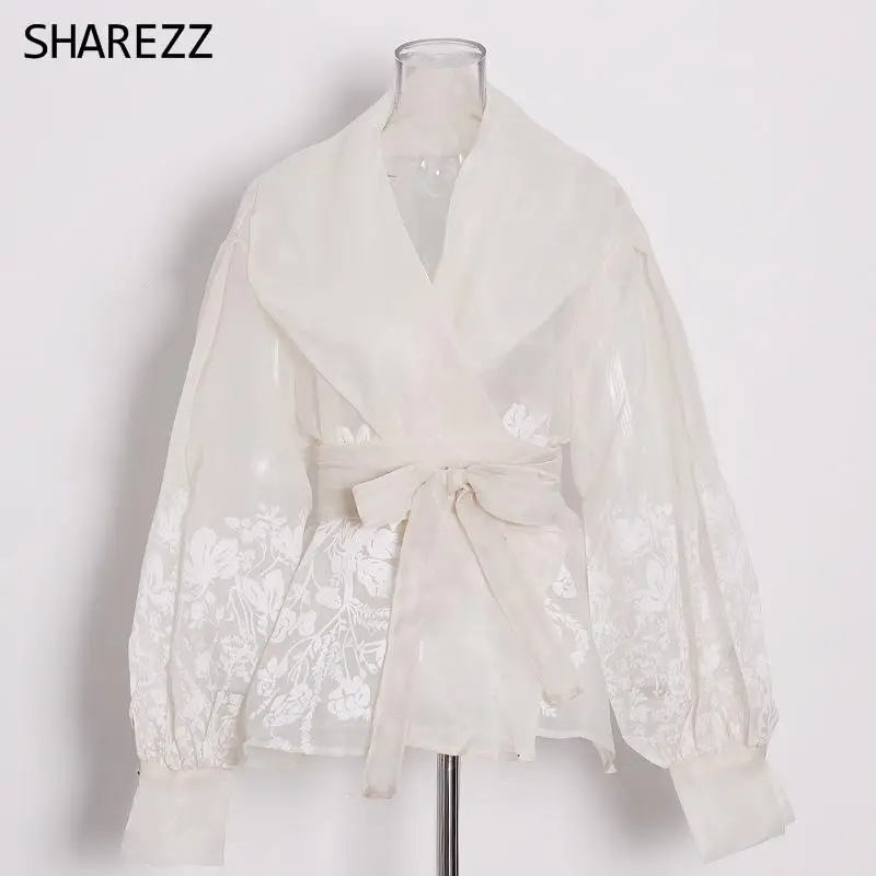 

2022 Spring New Court Style Sexy Bubble Long Sleeve Lace Up Elegant Blouse Designer Shirt Korean Clothes Summer Coat For Women