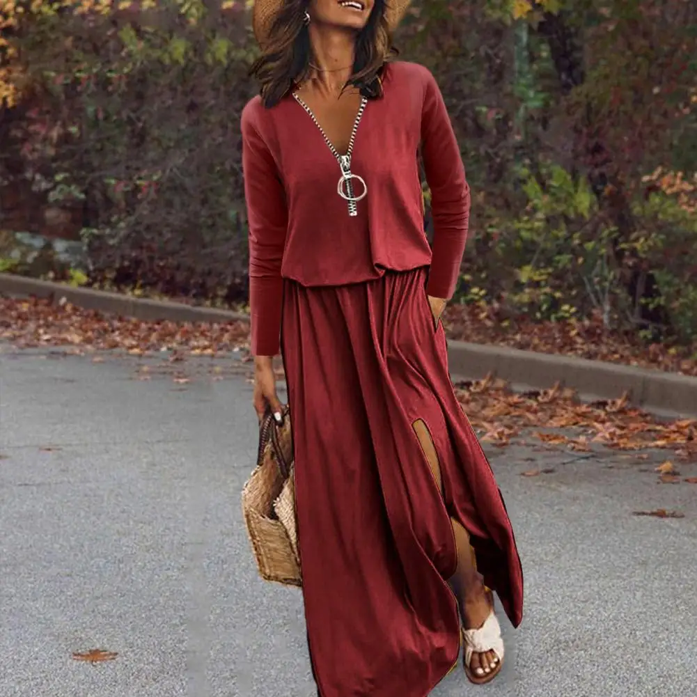 

Платье-Макси женское с V-образным вырезом, шикарное модное однотонное Макси-Платье с мягкими складками и разрезом на подоле, на осень и весну