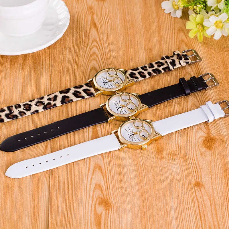 Women Geneva Watch Leather Strap Analog Quartz Wrist Watches Leopard Cat Face Glasses Kids Clock Ladies Watch Relogio Feminino images - 6